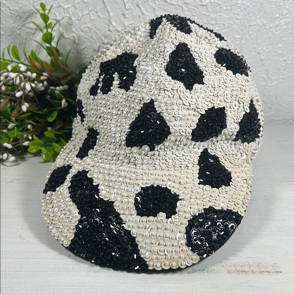 JC Headwear Accessories - JC Sequin Black and White/ Cream Hat Elastic Back Cowhide or Dalmatian Pattern
